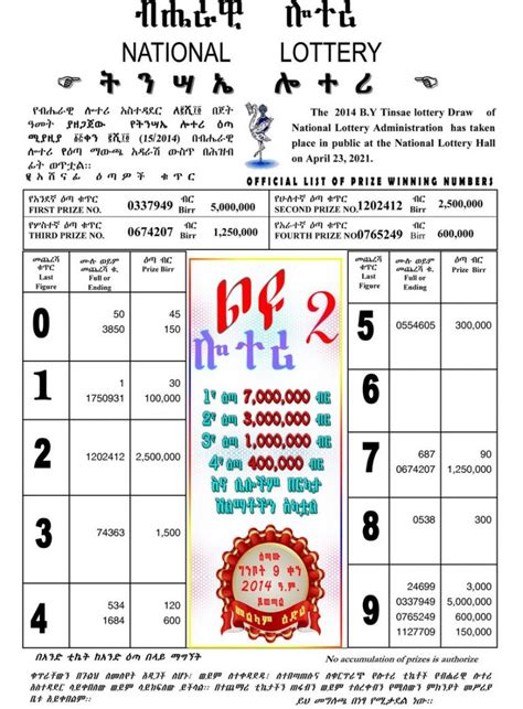 tinsae lottery 2015|Tinsae (ትንሥኤ) Lottery for April 23, 2022 (ሚያዝያ 15 ፤ 2014) Winning.